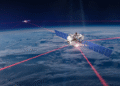 Starlink satellite in space with solar panels and laser communication beams directed towards another satellite.