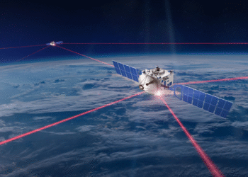 Starlink satellite in space with solar panels and laser communication beams directed towards another satellite.