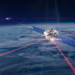 Starlink satellite in space with solar panels and laser communication beams directed towards another satellite.