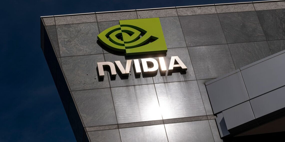 NVIDIA logo displayed on the exterior of a modern building with a reflective surface.