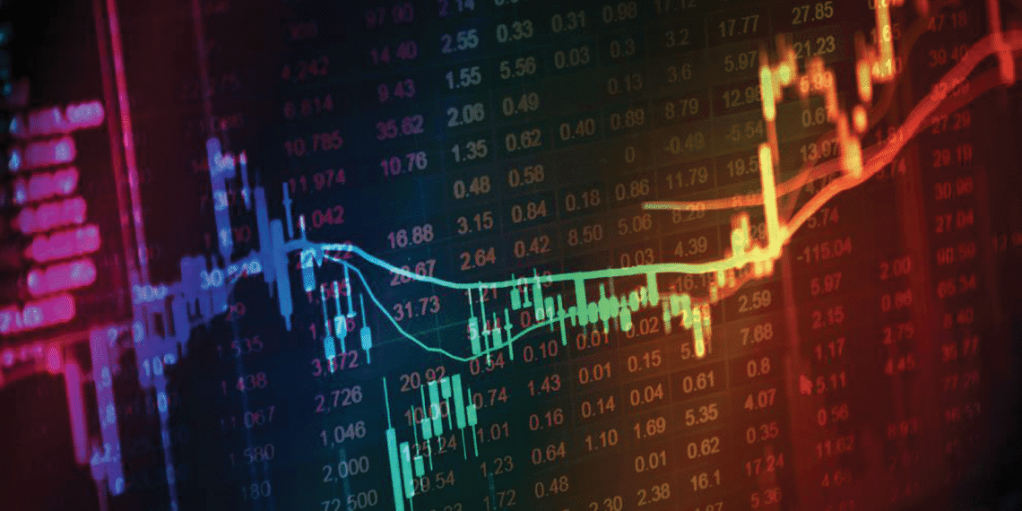 Colorful stock market data visualization showing fluctuating prices and trends on a digital display.