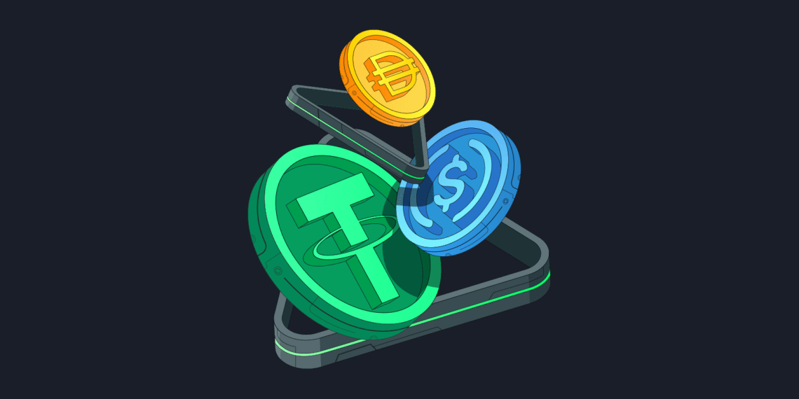 Illustration of cryptocurrency coins including Tether, Bitcoin, and US Dollar on a smartphone.