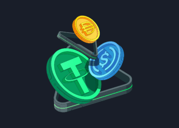 Illustration of cryptocurrency coins including Tether, Bitcoin, and US Dollar on a smartphone.