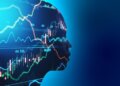 Silhouette of a human head overlaid with financial graphs and data visualizations.