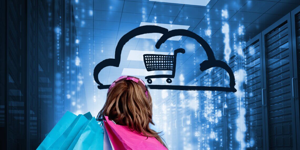 Individual with pink and blue shopping bags looking at a cloud icon with a shopping cart inside.
