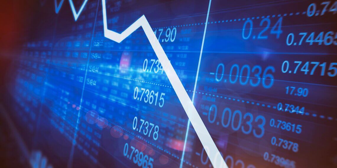Graph showing a downward trend in stock prices with numerical data displayed on the screen.