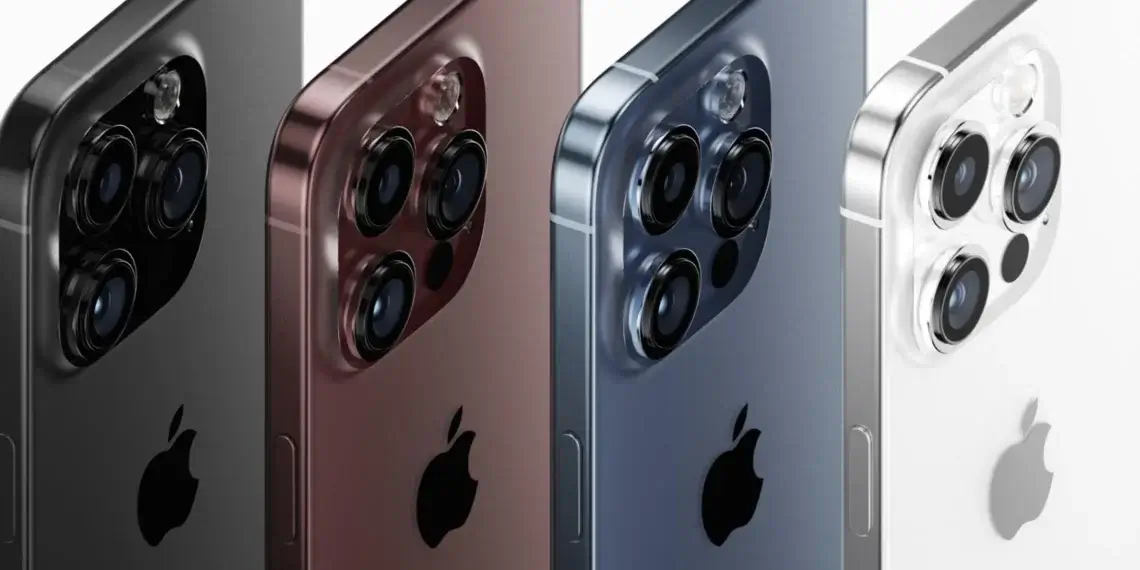 Four iPhone 16 models displayed in black, bronze, blue, and silver colors with triple camera setups.