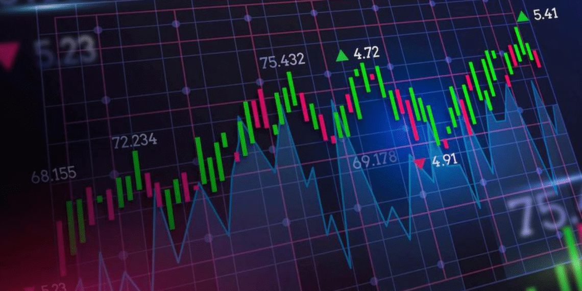Candlestick chart displaying stock market trends with green and red indicators on a dark background.