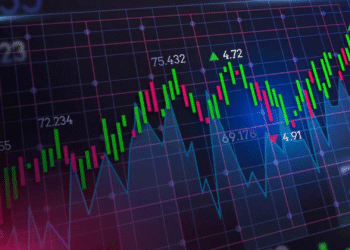 Candlestick chart displaying stock market trends with green and red indicators on a dark background.