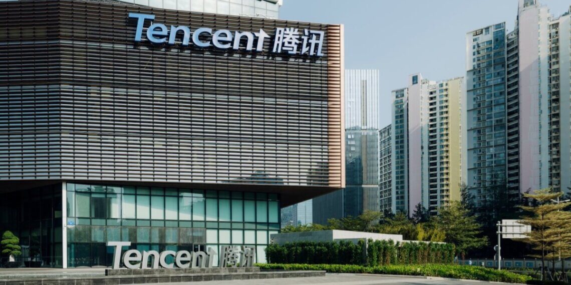 Exterior view of Tencent headquarters building with the company name displayed prominently.