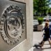 Close-up of the International Monetary Fund logo on a stone wall with people walking in the background.