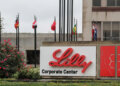 Sign for Lilly Corporate Center featuring the company name and chemical structure design.