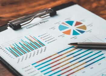 Summary report featuring bar graphs, pie chart, and a pen on a clipboard.