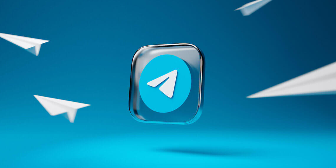 Telegram logo featuring a paper plane icon on a blue background with paper planes in motion.