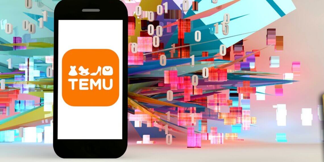 Smartphone with the Temu app logo on the screen, surrounded by abstract colorful shapes and binary code.