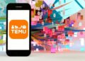 Smartphone with the Temu app logo on the screen, surrounded by abstract colorful shapes and binary code.
