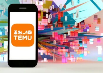 Smartphone with the Temu app logo on the screen, surrounded by abstract colorful shapes and binary code.