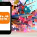 Smartphone with the Temu app logo on the screen, surrounded by abstract colorful shapes and binary code.
