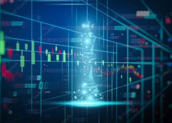 A digital chess piece illuminated against a backdrop of financial data and charts.