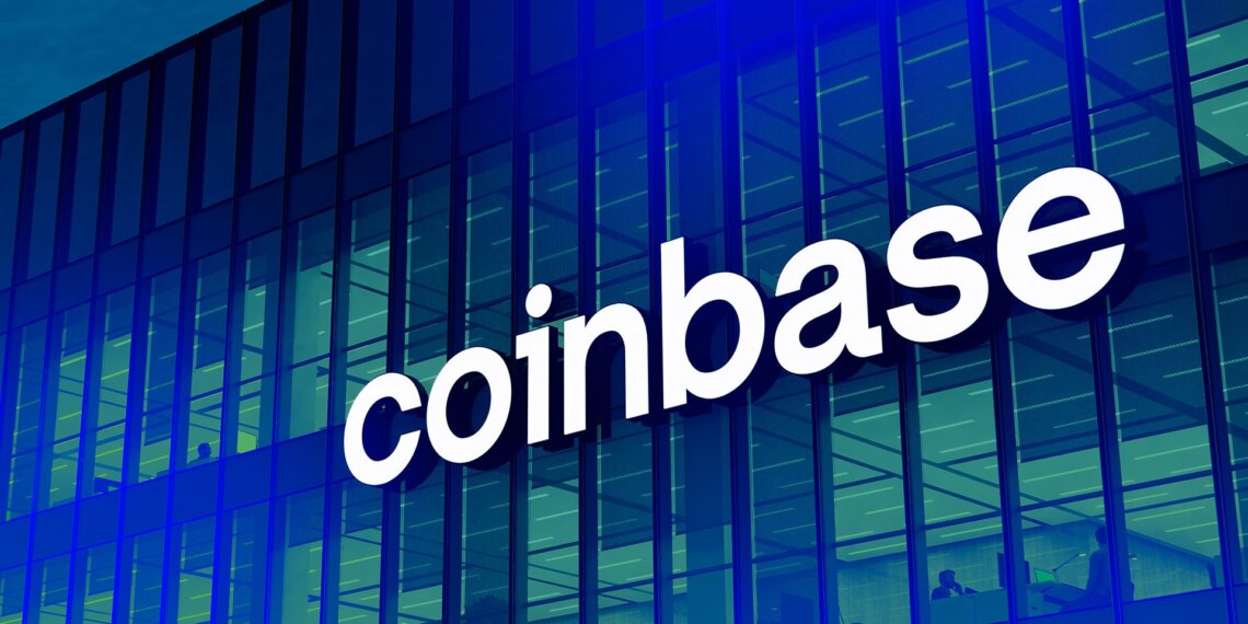 Coinbase logo displayed prominently on the exterior of a modern building.