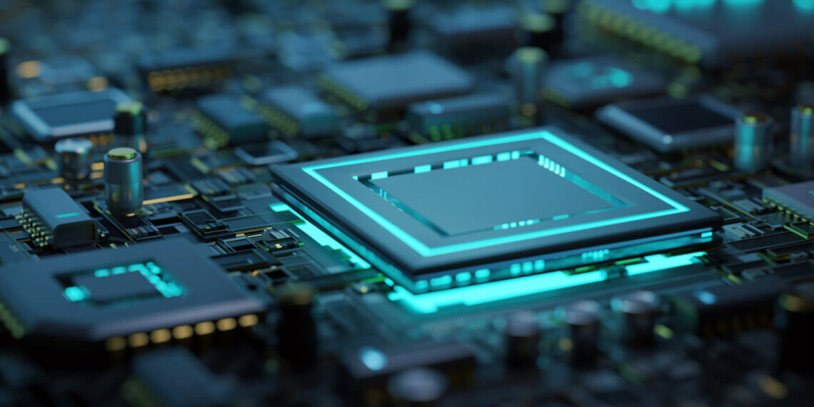 Close-up view of a computer circuit board featuring various microchips and electronic components.