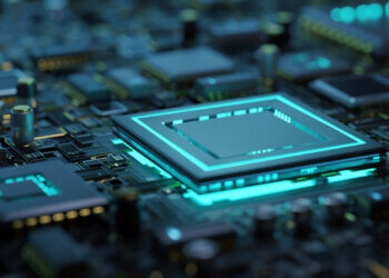 Close-up view of a computer circuit board featuring various microchips and electronic components.