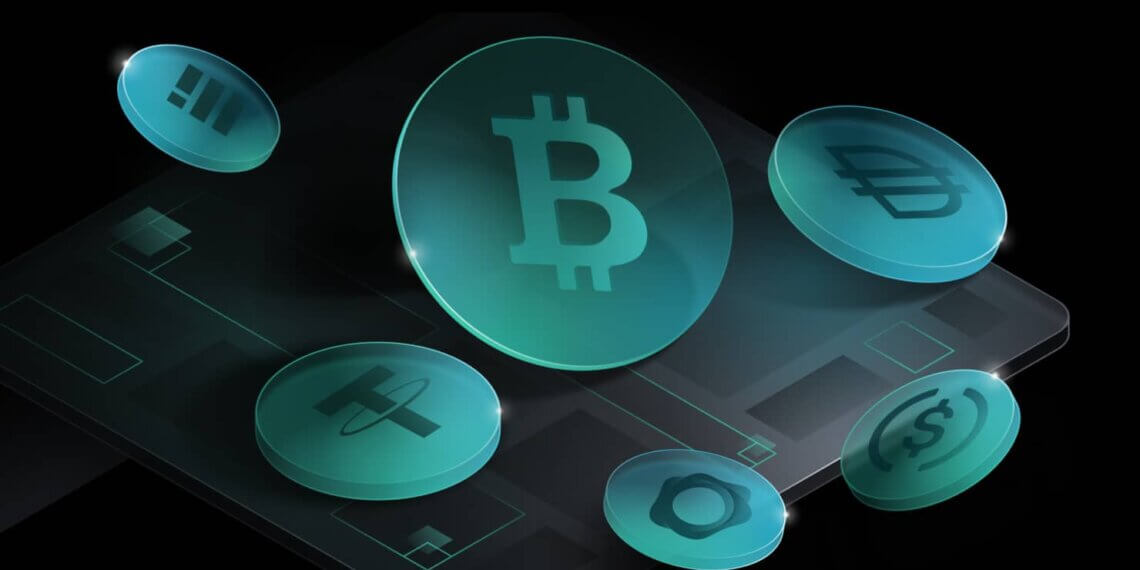 Various digital cryptocurrency icons including Bitcoin and stablecoins displayed on a dark background.