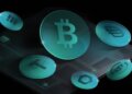 Various digital cryptocurrency icons including Bitcoin and stablecoins displayed on a dark background.