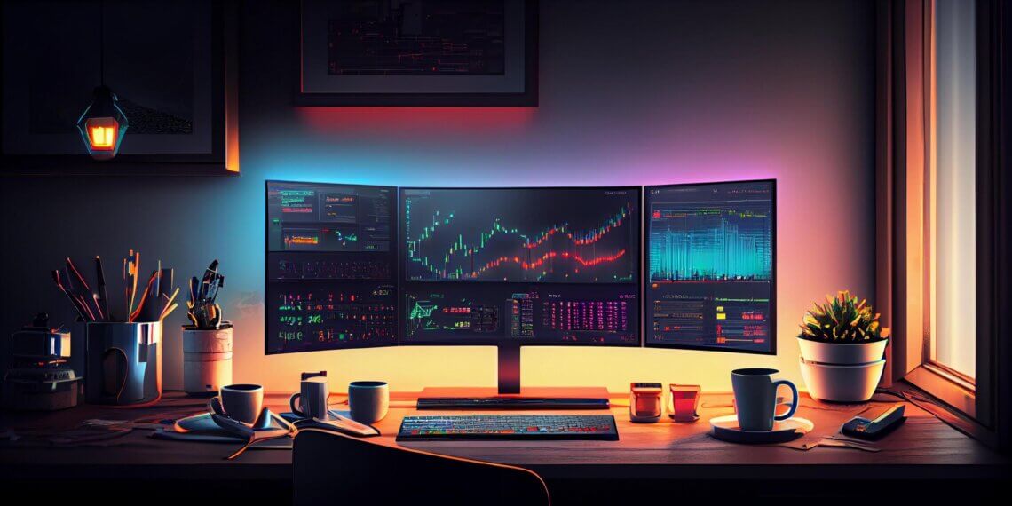 A computer desktop setup featuring multiple monitors displaying trading data and charts.