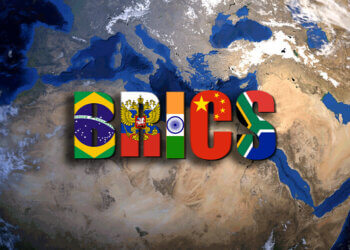 BRICS logo featuring flags of Brazil, Russia, India, China, and South Africa on a globe background.