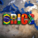 BRICS logo featuring flags of Brazil, Russia, India, China, and South Africa on a globe background.