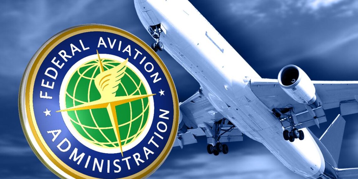 Federal Aviation Administration logo next to an airplane in flight against a blue sky.