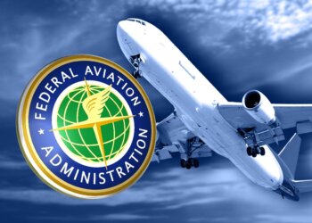 Federal Aviation Administration logo next to an airplane in flight against a blue sky.