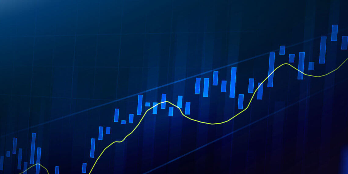 Abstract financial chart featuring blue candlestick bars and a green line on a dark background.