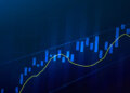 Abstract financial chart featuring blue candlestick bars and a green line on a dark background.