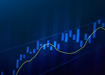 Abstract financial chart featuring blue candlestick bars and a green line on a dark background.