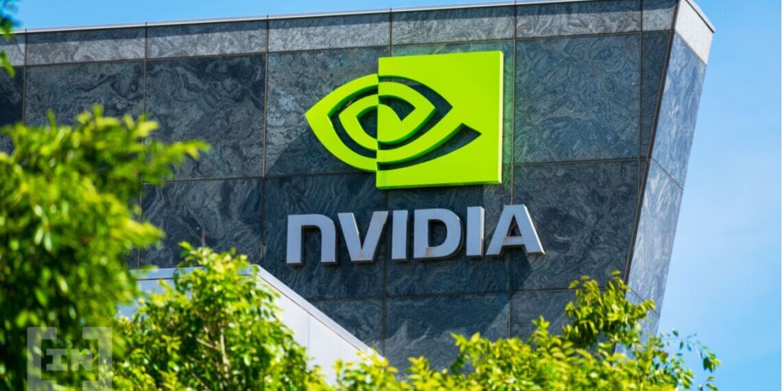 Nvidia logo displayed on a building with a green and gray design.