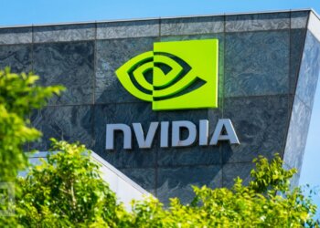 Nvidia logo displayed on a building with a green and gray design.