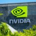 Nvidia logo displayed on a building with a green and gray design.