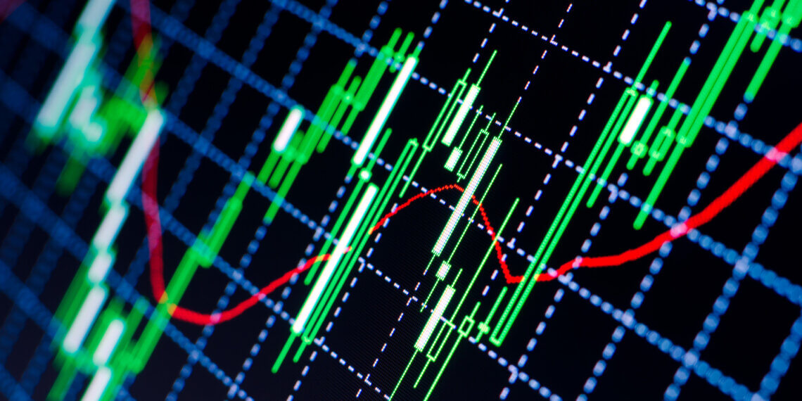 Close-up of a stock market chart displaying green and red candlestick indicators on a grid background.