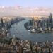 Aerial view of Shanghai showcasing the skyline and the winding Huangpu River with buildings and boats.