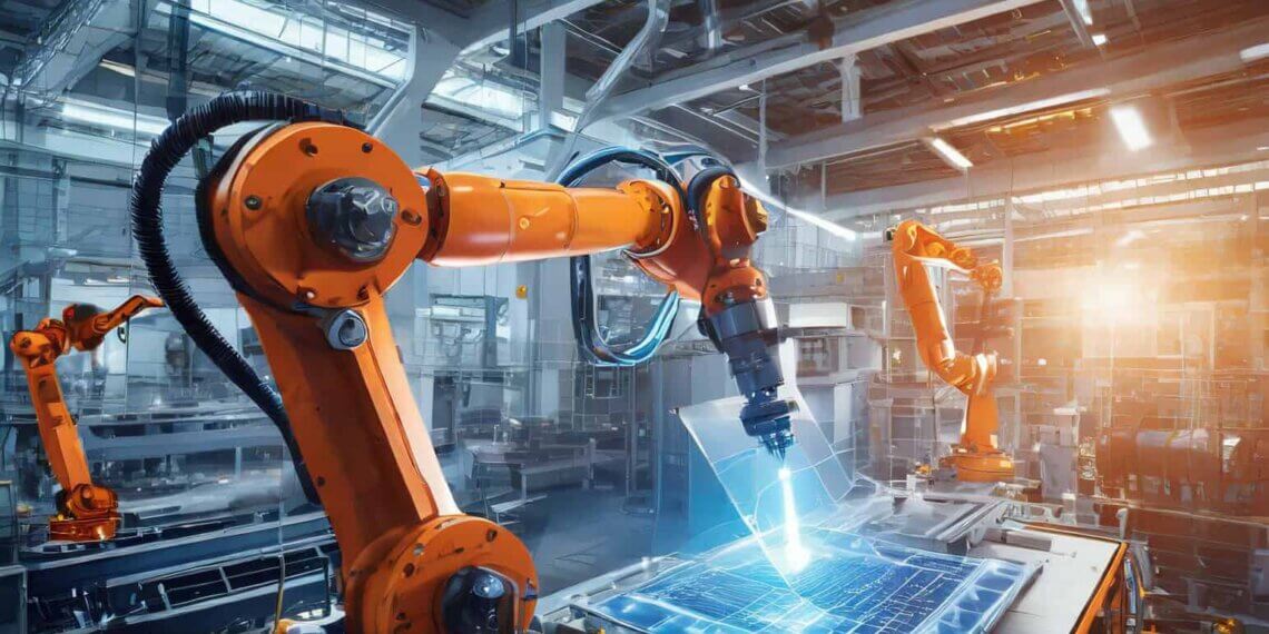 Industrial robotic arm working on a transparent blueprint in a manufacturing environment.