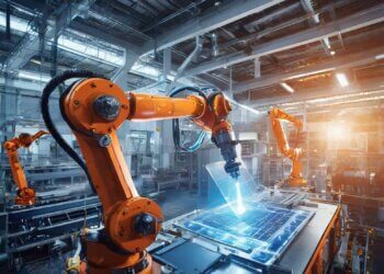 Industrial robotic arm working on a transparent blueprint in a manufacturing environment.