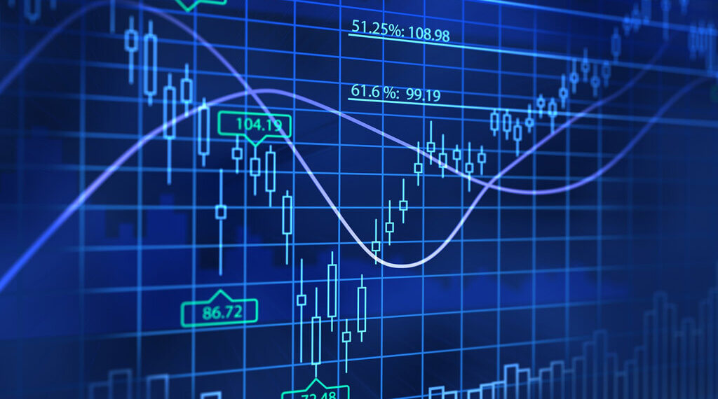 A detailed forex trading chart displaying various data points and trends in blue tones.