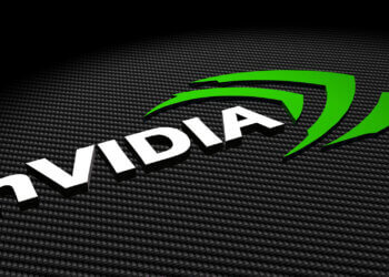 Nvidia logo displayed in white and green on a textured black background.