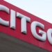Close-up view of the Citgo logo on a red background at a gas station.