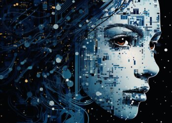 Digital artwork featuring a woman's face composed of circuit patterns and abstract designs.