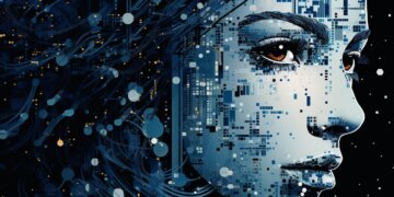 Digital artwork featuring a woman's face composed of circuit patterns and abstract designs.