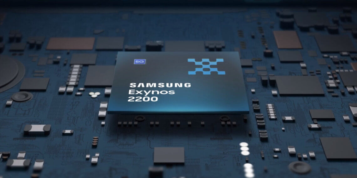 Samsung Exynos 2200 chipset displayed on a circuit board with various components.