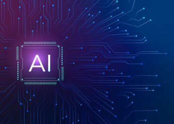 Microchip with 'AI' text surrounded by a network of blue circuit lines on a gradient background.